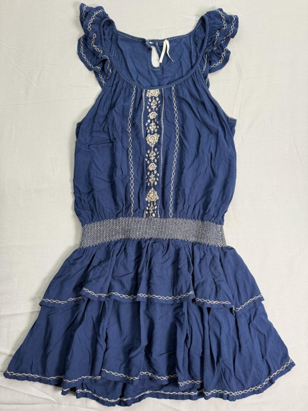 Event Floral Embroidered Mini Dress Women M Blue Boho Chic Ruffle Tiered Peasant